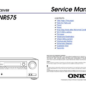 Onkyo tx nr575 service manual cover with an image of the device and its remote control, model type and code, manual issue date and service safety precaution notice