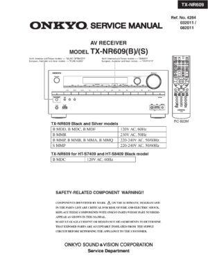 Onkyo tx nr609 service manual cover with an image of the device and its remote control, model type and code, manual issue date and service safety precaution notice