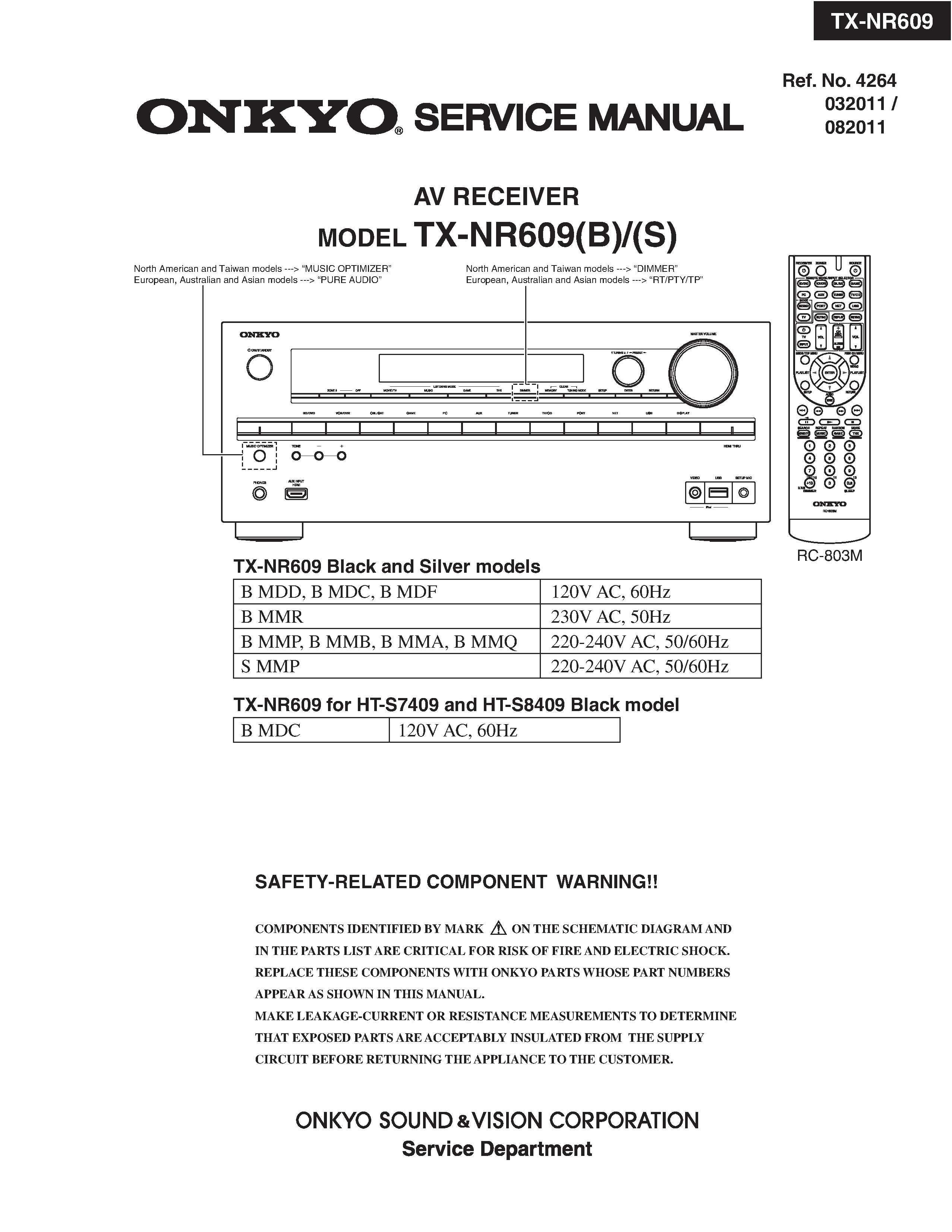 Onkyo tx nr609 service manual cover with an image of the device and its remote control, model type and code, manual issue date and service safety precaution notice
