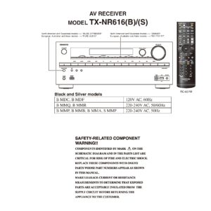 Onkyo tx nr616 service manual cover with an image of the device and its remote control, model type and code, manual issue date and service safety precaution notice