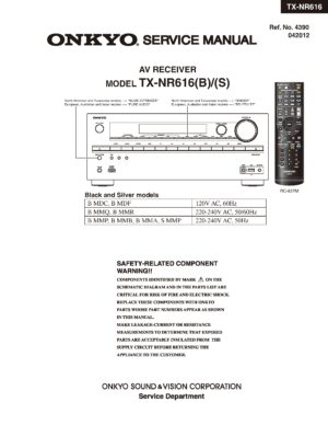 Onkyo tx nr616 service manual cover with an image of the device and its remote control, model type and code, manual issue date and service safety precaution notice