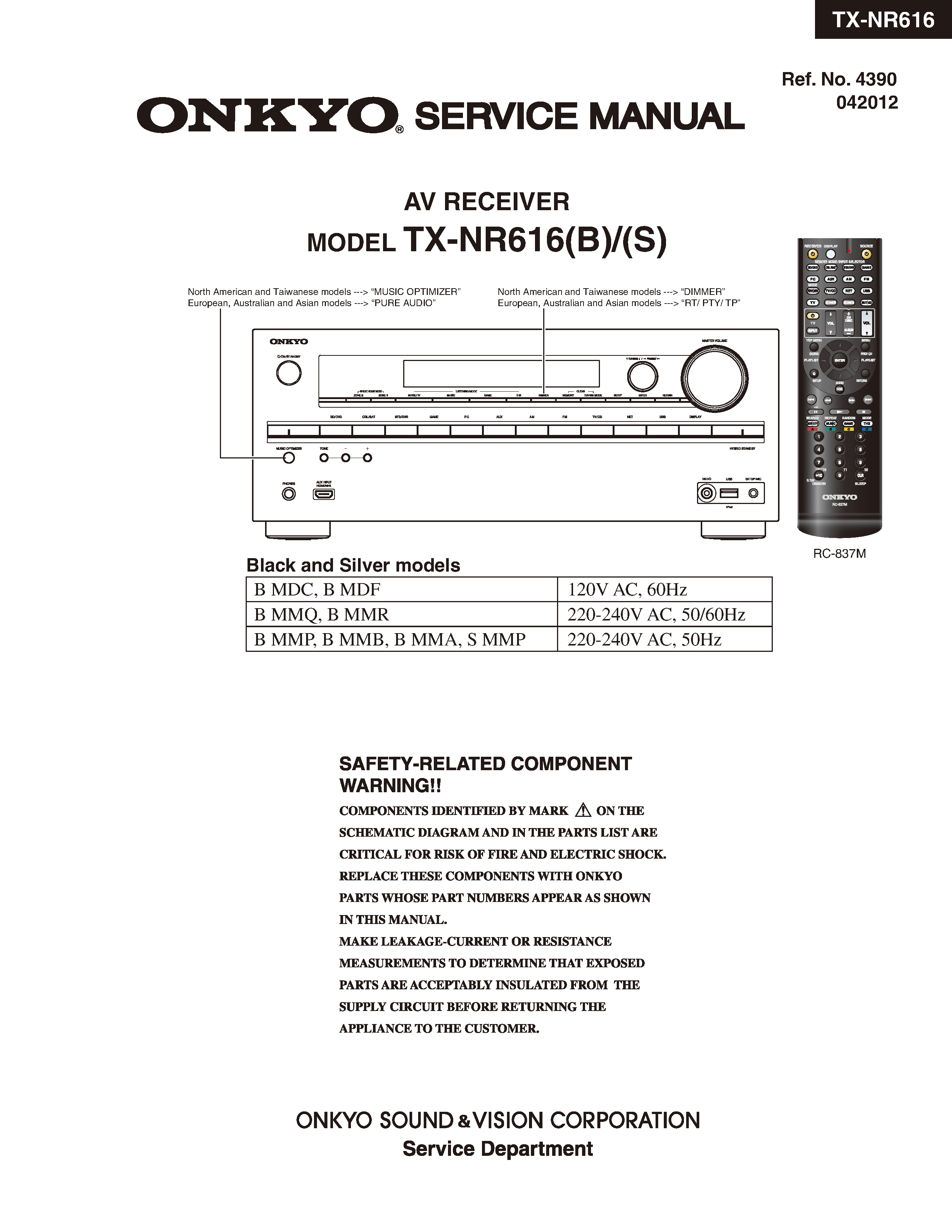 Onkyo tx nr616 service manual cover with an image of the device and its remote control, model type and code, manual issue date and service safety precaution notice