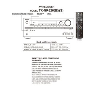 Onkyo tx nr626 service manual cover with an image of the device and its remote control, model type and code, manual issue date and service safety precaution notice