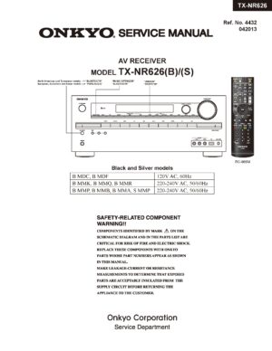 Onkyo tx nr626 service manual cover with an image of the device and its remote control, model type and code, manual issue date and service safety precaution notice
