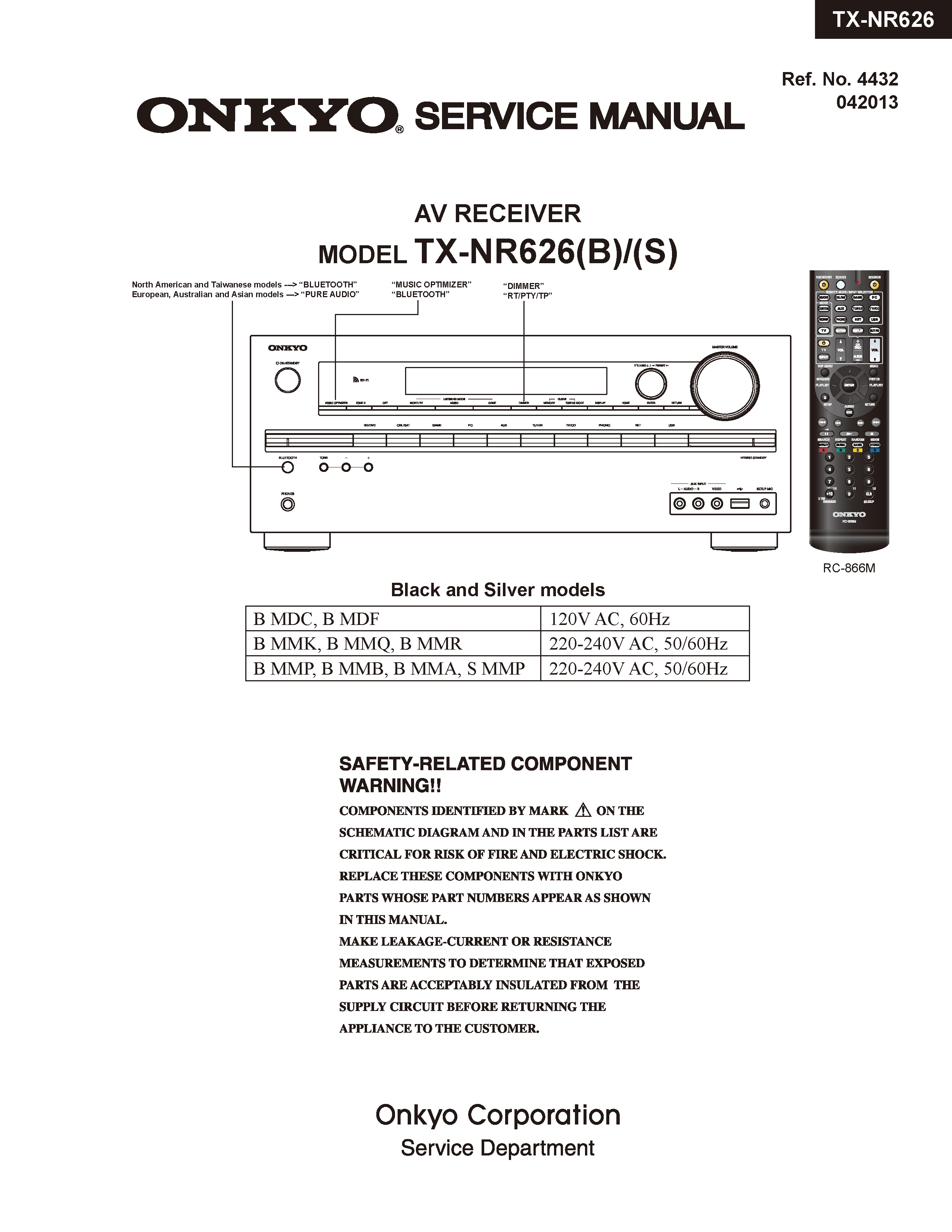 Onkyo tx nr626 service manual cover with an image of the device and its remote control, model type and code, manual issue date and service safety precaution notice