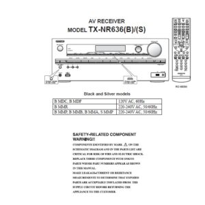 Onkyo tx nr636 service manual cover with an image of the device and its remote control, model type and code, manual issue date and service safety precaution notice