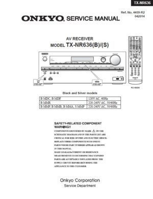 Onkyo tx nr636 service manual cover with an image of the device and its remote control, model type and code, manual issue date and service safety precaution notice