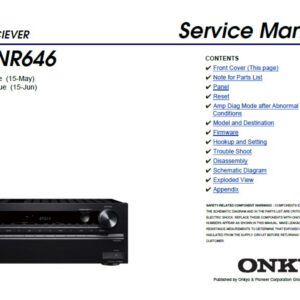 Onkyo tx nr646 service manual cover with an image of the device and its remote control, model type and code, manual issue date and service safety precaution notice