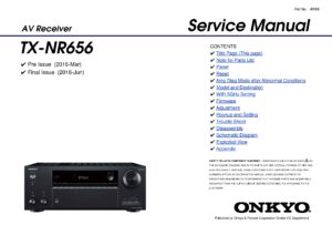Onkyo tx nr656 service manual cover with an image of the device and its remote control, model type and code, manual issue date and service safety precaution notice
