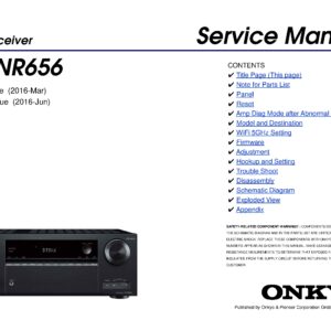 Onkyo tx nr656 service manual cover with an image of the device and its remote control, model type and code, manual issue date and service safety precaution notice