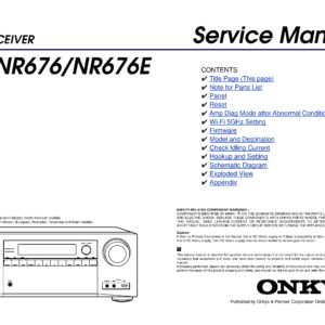 Onkyo tx nr676 nr676e service manual cover with an image of the device and its remote control, model type and code, manual issue date and service safety precaution notice