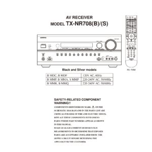 Onkyo tx nr708 service manual cover with an image of the device and its remote control, model type and code, manual issue date and service safety precaution notice