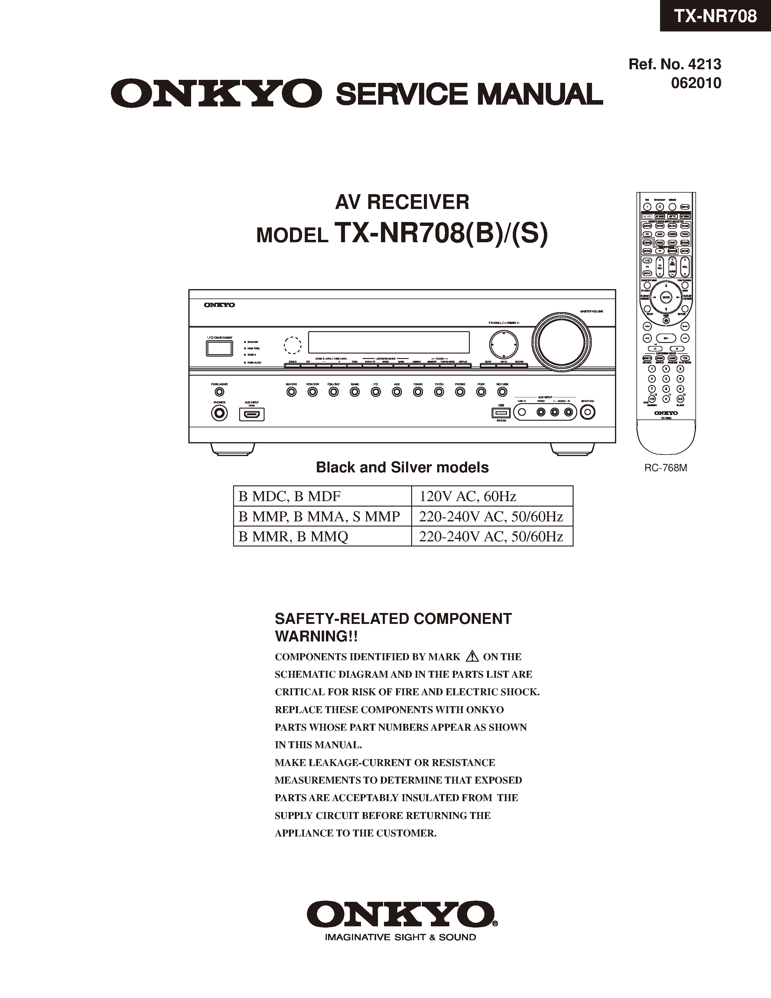 Onkyo tx nr708 service manual cover with an image of the device and its remote control, model type and code, manual issue date and service safety precaution notice