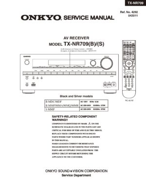 Onkyo tx nr709 service manual cover with an image of the device and its remote control, model type and code, manual issue date and service safety precaution notice