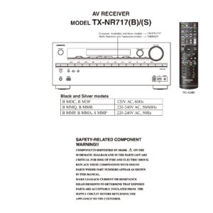 Onkyo tx nr717 service manual cover with an image of the device and its remote control, model type and code, manual issue date and service safety precaution notice