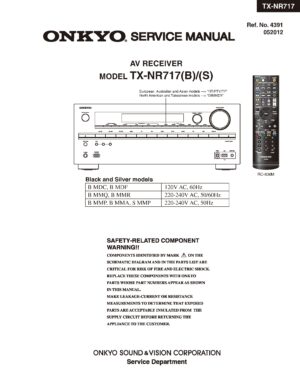 Onkyo tx nr717 service manual cover with an image of the device and its remote control, model type and code, manual issue date and service safety precaution notice