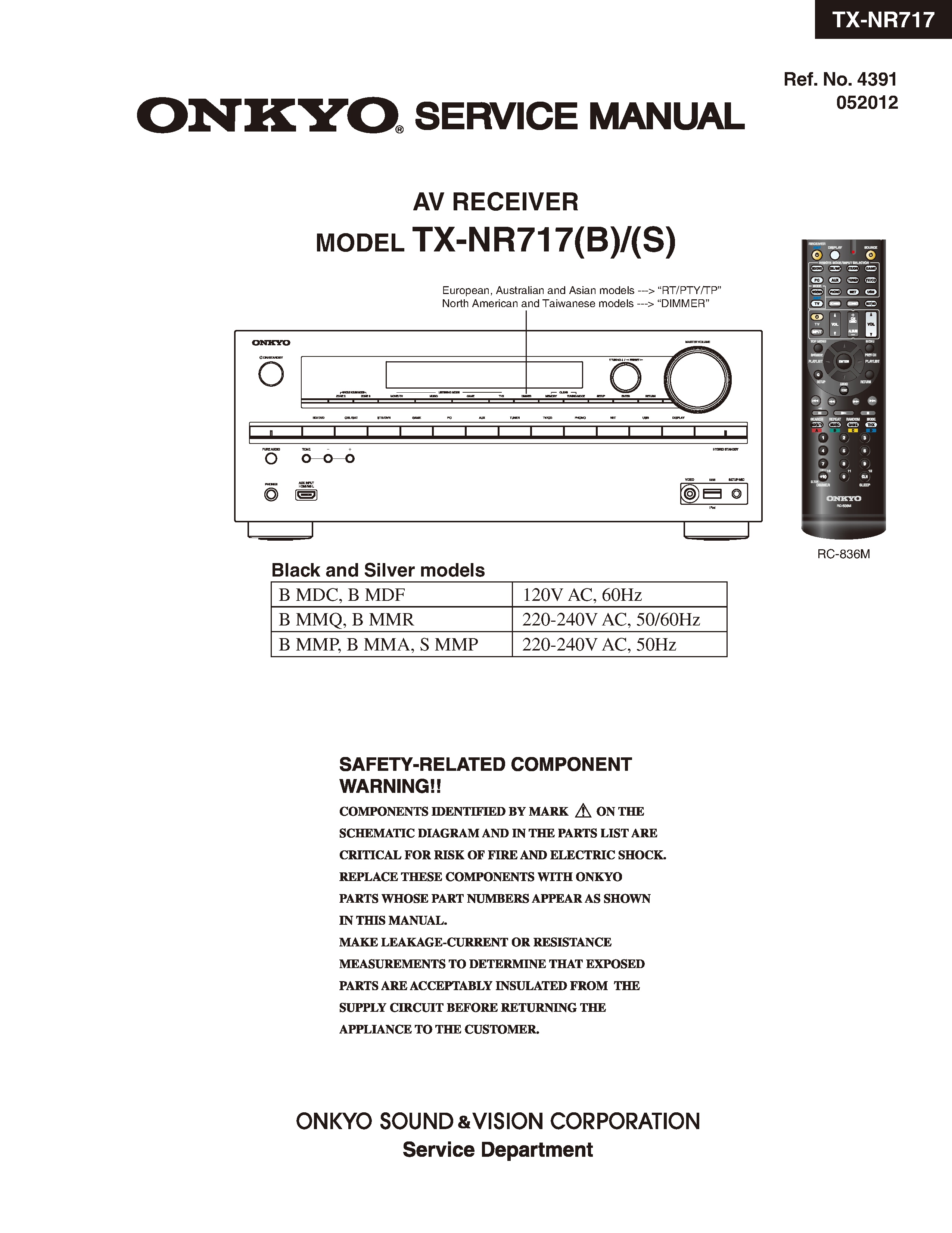 Onkyo tx nr717 service manual cover with an image of the device and its remote control, model type and code, manual issue date and service safety precaution notice