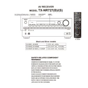 Onkyo tx nr727 service manual cover with an image of the device and its remote control, model type and code, manual issue date and service safety precaution notice