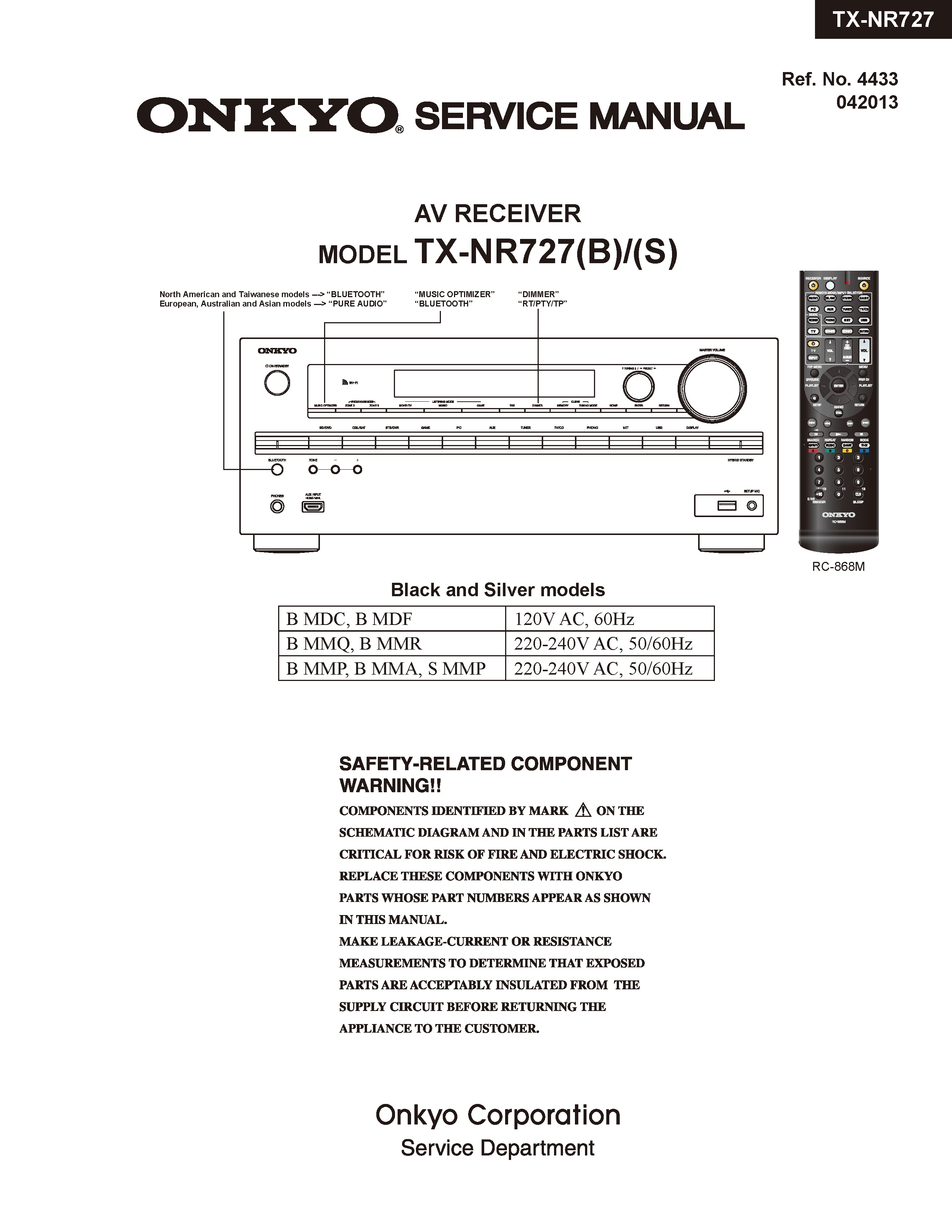 Onkyo tx nr727 service manual cover with an image of the device and its remote control, model type and code, manual issue date and service safety precaution notice