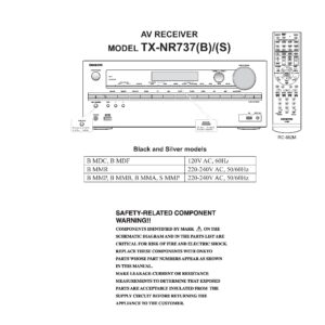 Onkyo tx nr737 service manual cover with an image of the device and its remote control, model type and code, manual issue date and service safety precaution notice