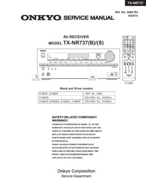Onkyo tx nr737 service manual cover with an image of the device and its remote control, model type and code, manual issue date and service safety precaution notice