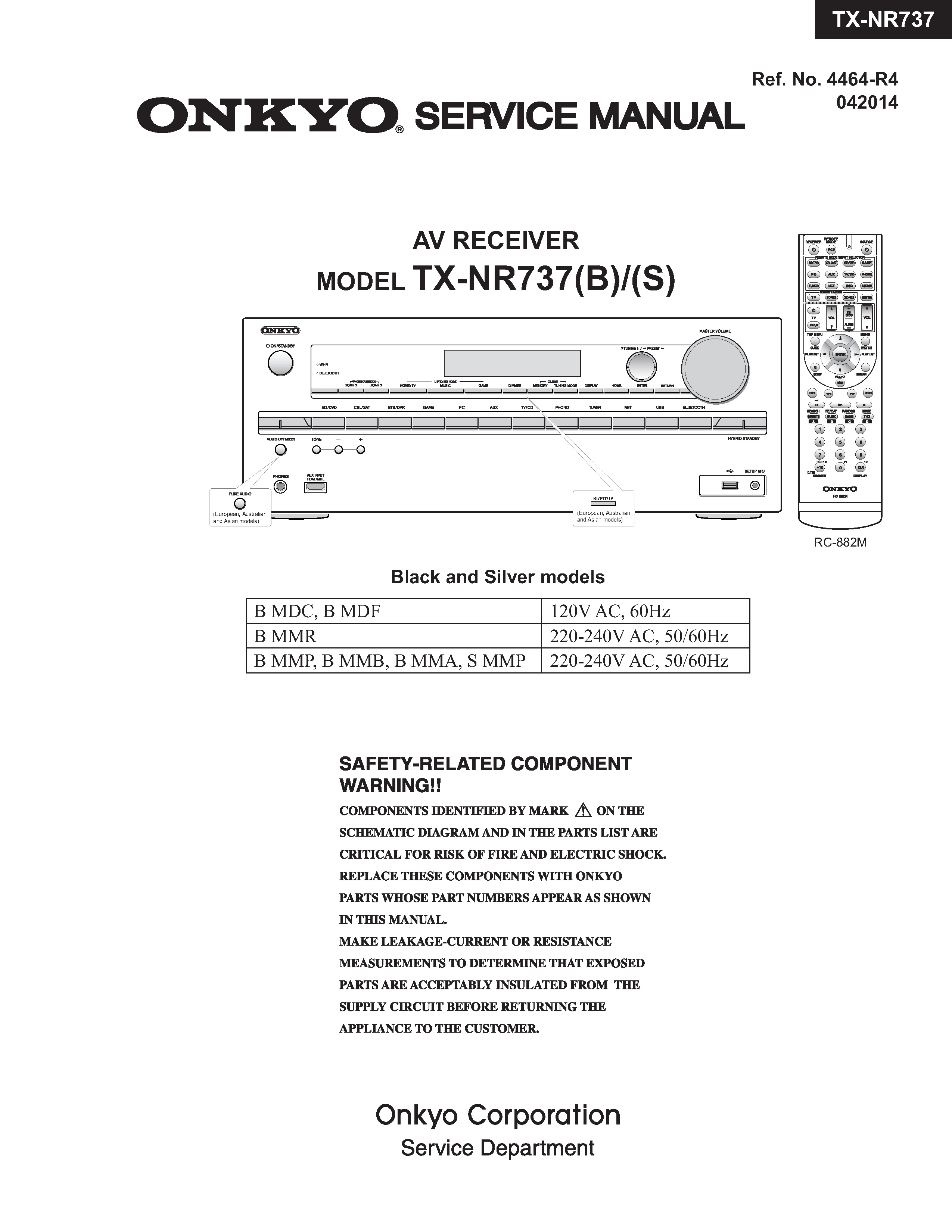 Onkyo tx nr737 service manual cover with an image of the device and its remote control, model type and code, manual issue date and service safety precaution notice