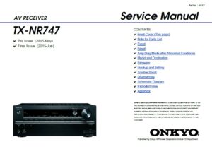 Onkyo tx nr747 service manual cover with an image of the device and its remote control, model type and code, manual issue date and service safety precaution notice