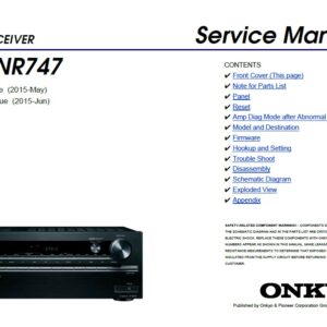 Onkyo tx nr747 service manual cover with an image of the device and its remote control, model type and code, manual issue date and service safety precaution notice