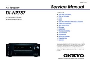 Onkyo tx nr757 service manual cover with an image of the device and its remote control, model type and code, manual issue date and service safety precaution notice