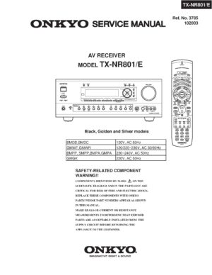 Onkyo tx nr801 service manual cover with an image of the device and its remote control, model type and code, manual issue date and service safety precaution notice