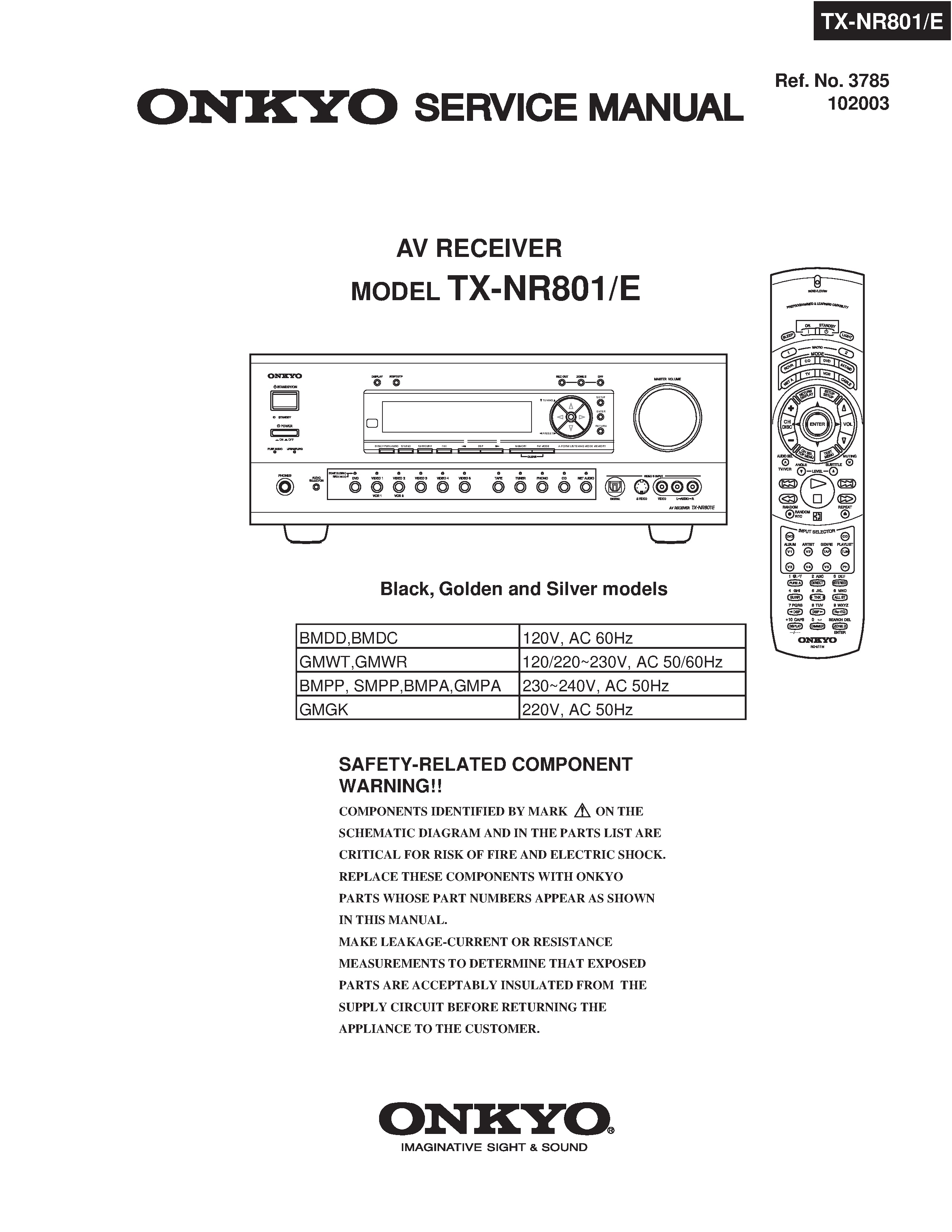 Onkyo tx nr801 service manual cover with an image of the device and its remote control, model type and code, manual issue date and service safety precaution notice