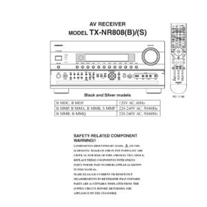 Onkyo tx nr808 service manual cover with an image of the device and its remote control, model type and code, manual issue date and service safety precaution notice