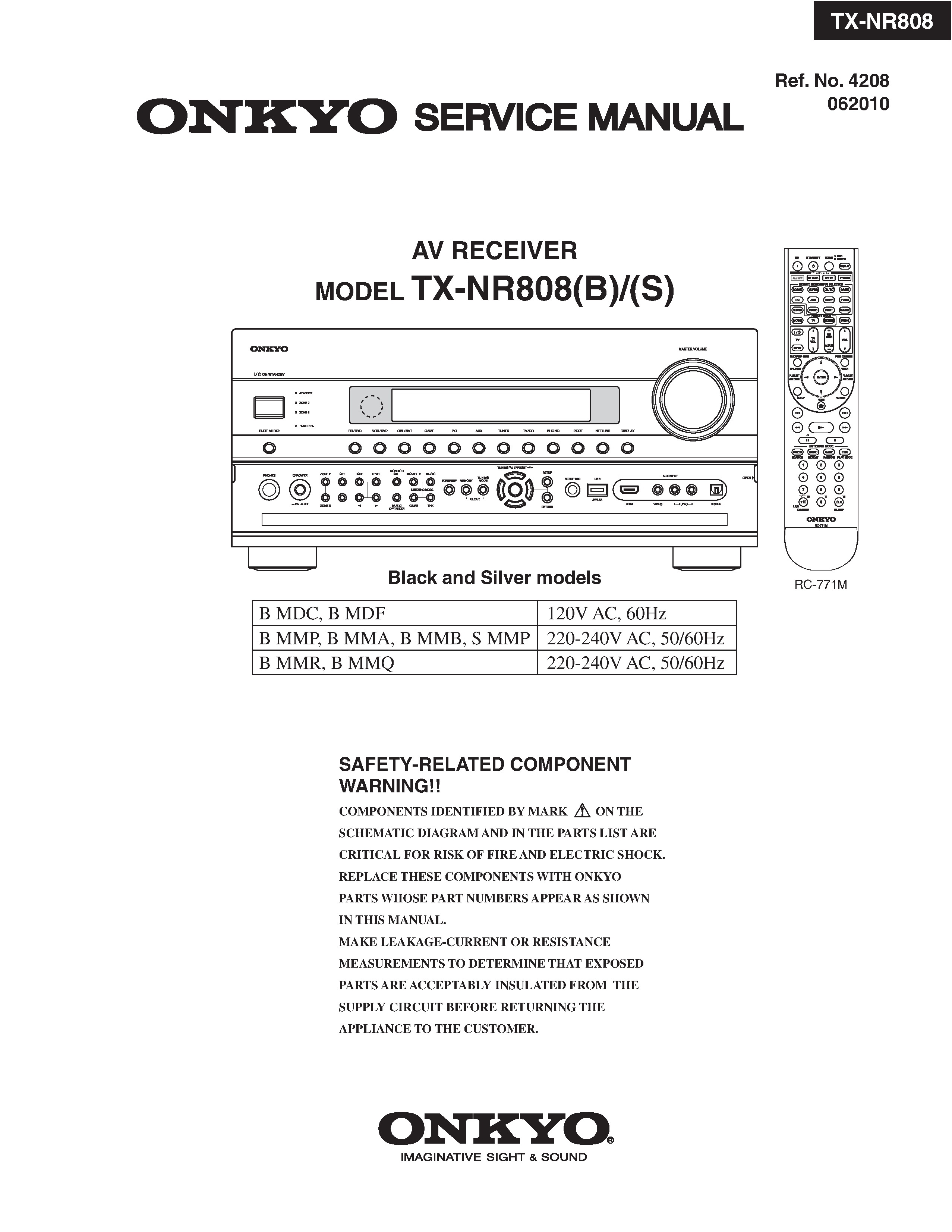 Onkyo tx nr808 service manual cover with an image of the device and its remote control, model type and code, manual issue date and service safety precaution notice