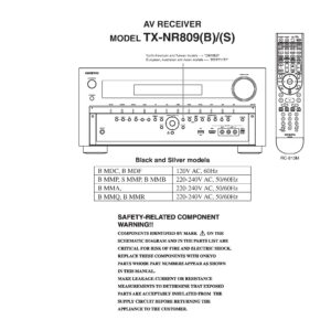 Onkyo tx nr809 service manual cover with an image of the device and its remote control, model type and code, manual issue date and service safety precaution notice