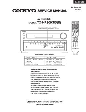 Onkyo tx nr809 service manual cover with an image of the device and its remote control, model type and code, manual issue date and service safety precaution notice