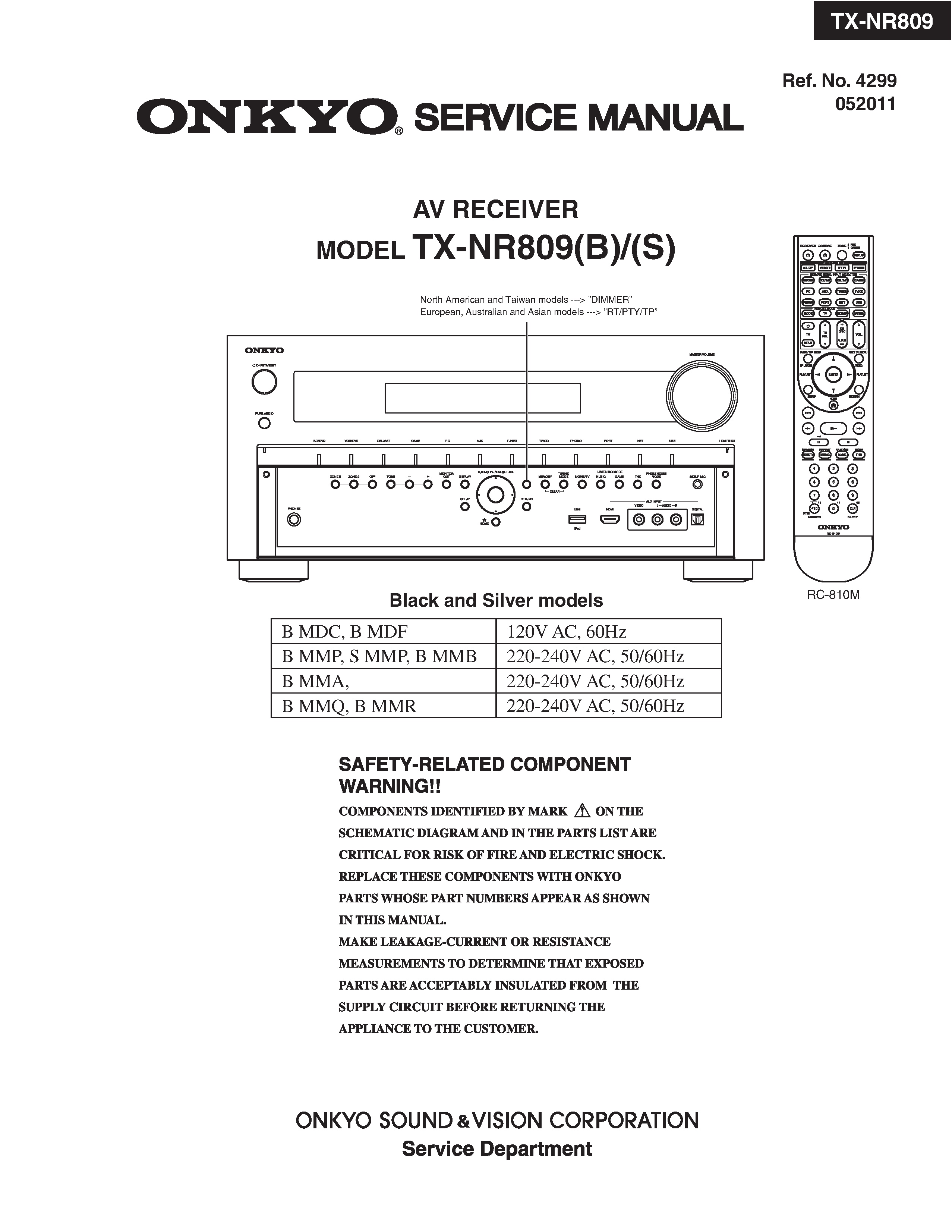 Onkyo tx nr809 service manual cover with an image of the device and its remote control, model type and code, manual issue date and service safety precaution notice