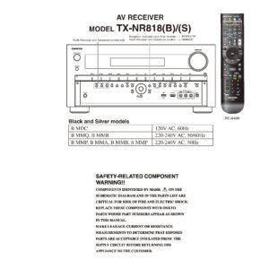 Onkyo tx nr818 service manual cover with an image of the device and its remote control, model type and code, manual issue date and service safety precaution notice