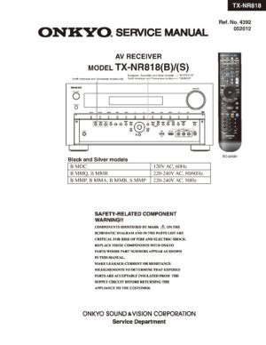 Onkyo tx nr818 service manual cover with an image of the device and its remote control, model type and code, manual issue date and service safety precaution notice
