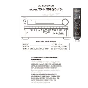 Onkyo tx nr828 service manual cover with an image of the device and its remote control, model type and code, manual issue date and service safety precaution notice