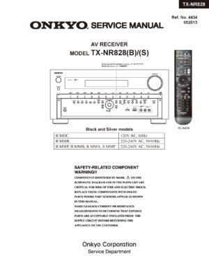 Onkyo tx nr828 service manual cover with an image of the device and its remote control, model type and code, manual issue date and service safety precaution notice