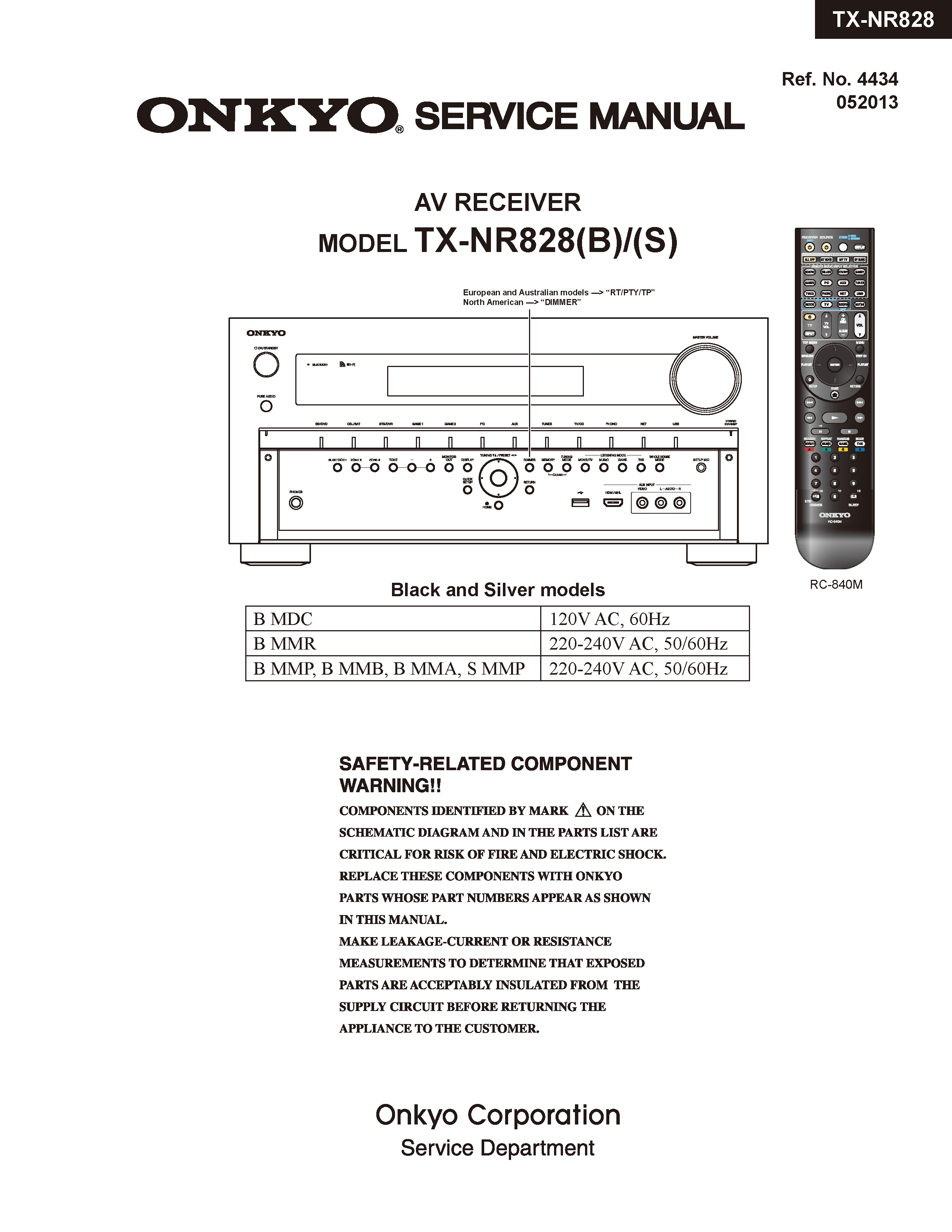 Onkyo tx nr828 service manual cover with an image of the device and its remote control, model type and code, manual issue date and service safety precaution notice