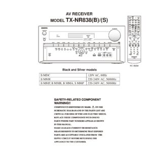 Onkyo tx nr838 service manual cover with an image of the device and its remote control, model type and code, manual issue date and service safety precaution notice