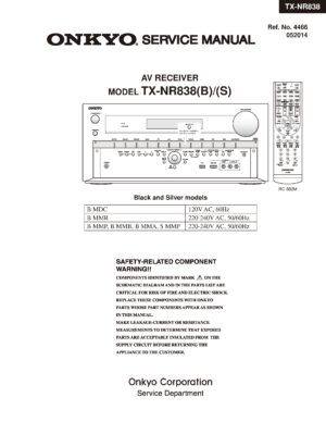 Onkyo tx nr838 service manual cover with an image of the device and its remote control, model type and code, manual issue date and service safety precaution notice