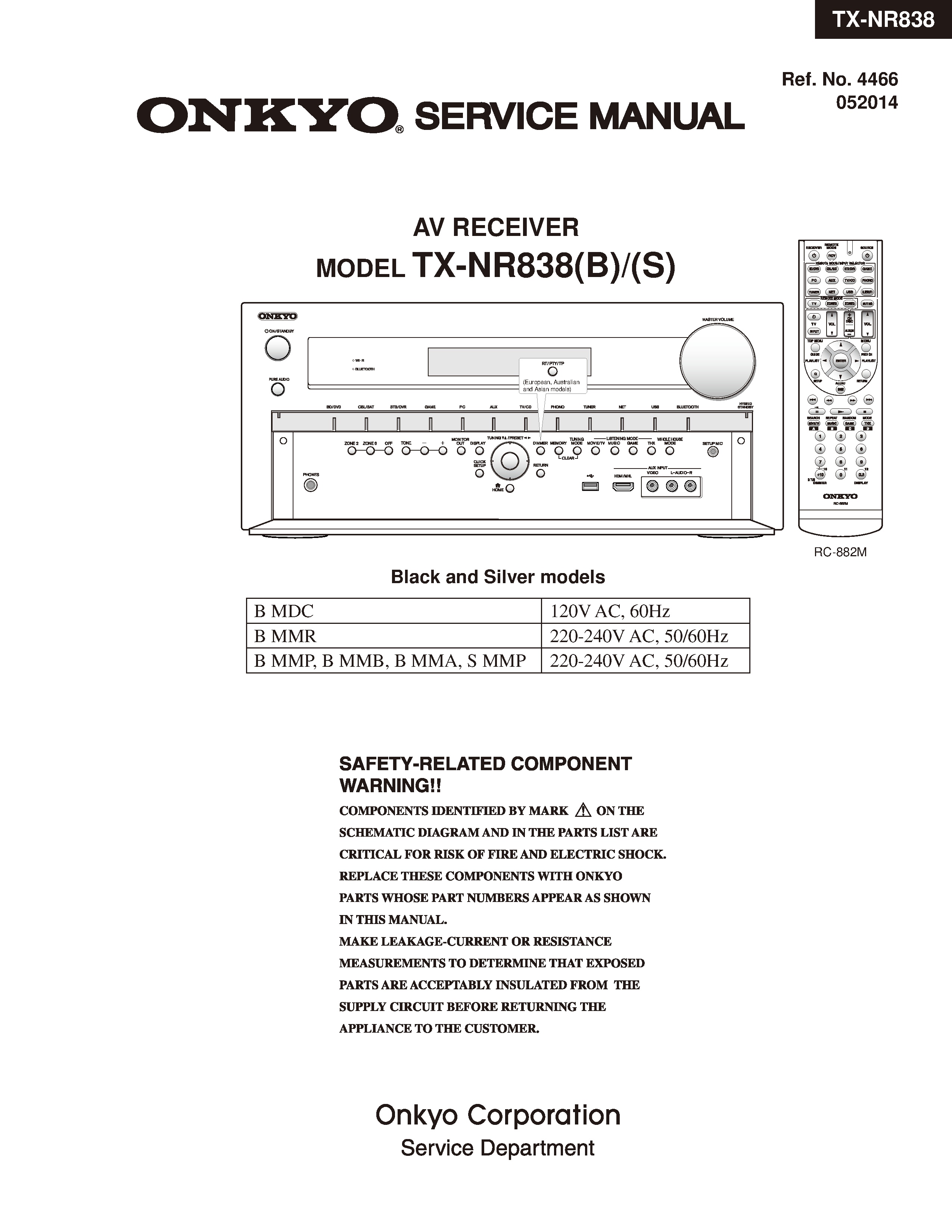 Onkyo tx nr838 service manual cover with an image of the device and its remote control, model type and code, manual issue date and service safety precaution notice