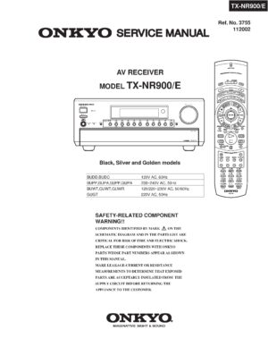Onkyo tx nr900 nr900e service manual cover with an image of the device and its remote control, model type and code, manual issue date and service safety precaution notice