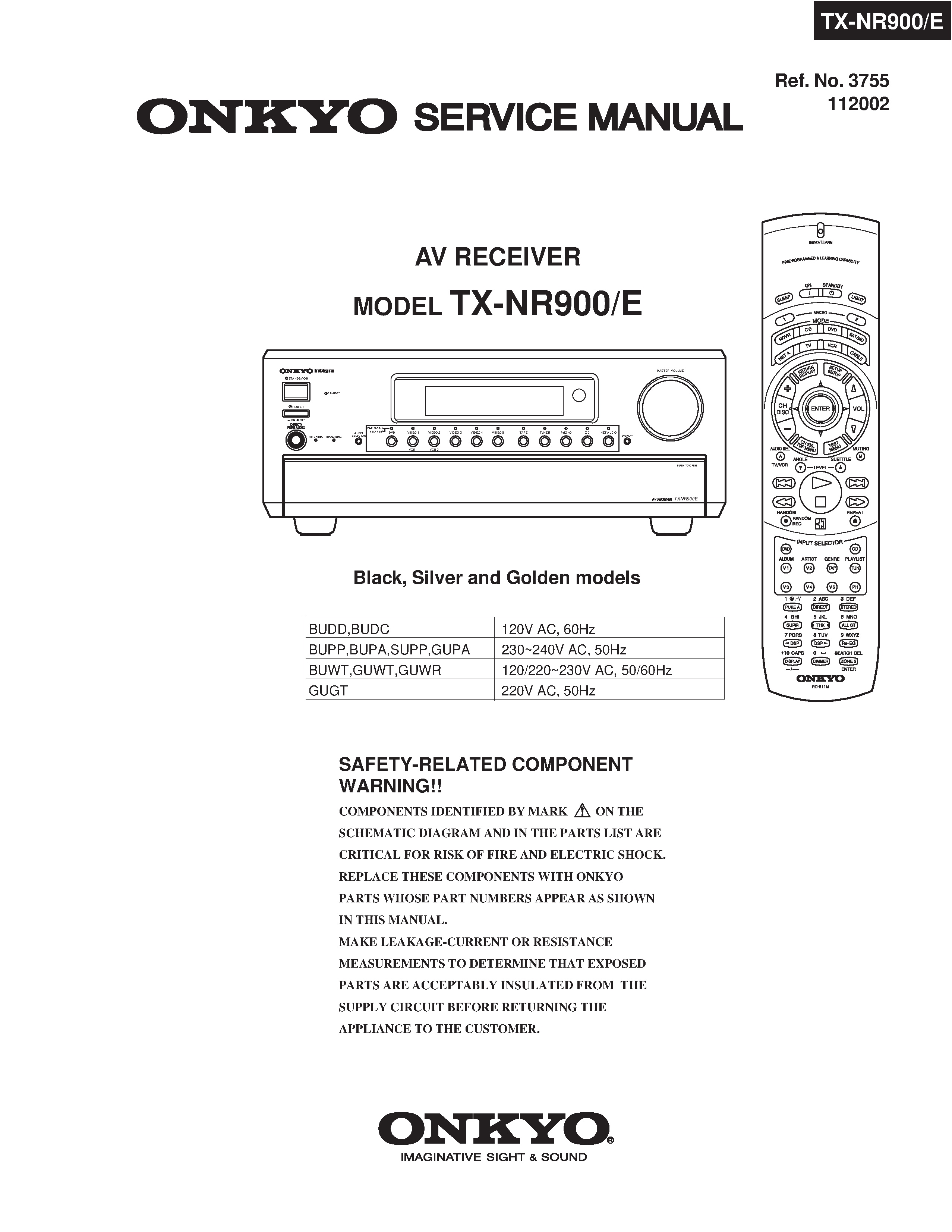 Onkyo tx nr900 nr900e service manual cover with an image of the device and its remote control, model type and code, manual issue date and service safety precaution notice