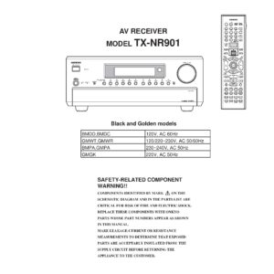 Onkyo tx nr901 service manual cover with an image of the device and its remote control, model type and code, manual issue date and service safety precaution notice