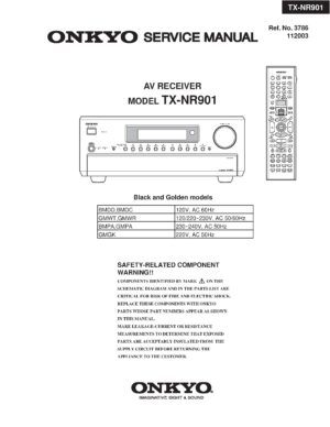 Onkyo tx nr901 service manual cover with an image of the device and its remote control, model type and code, manual issue date and service safety precaution notice