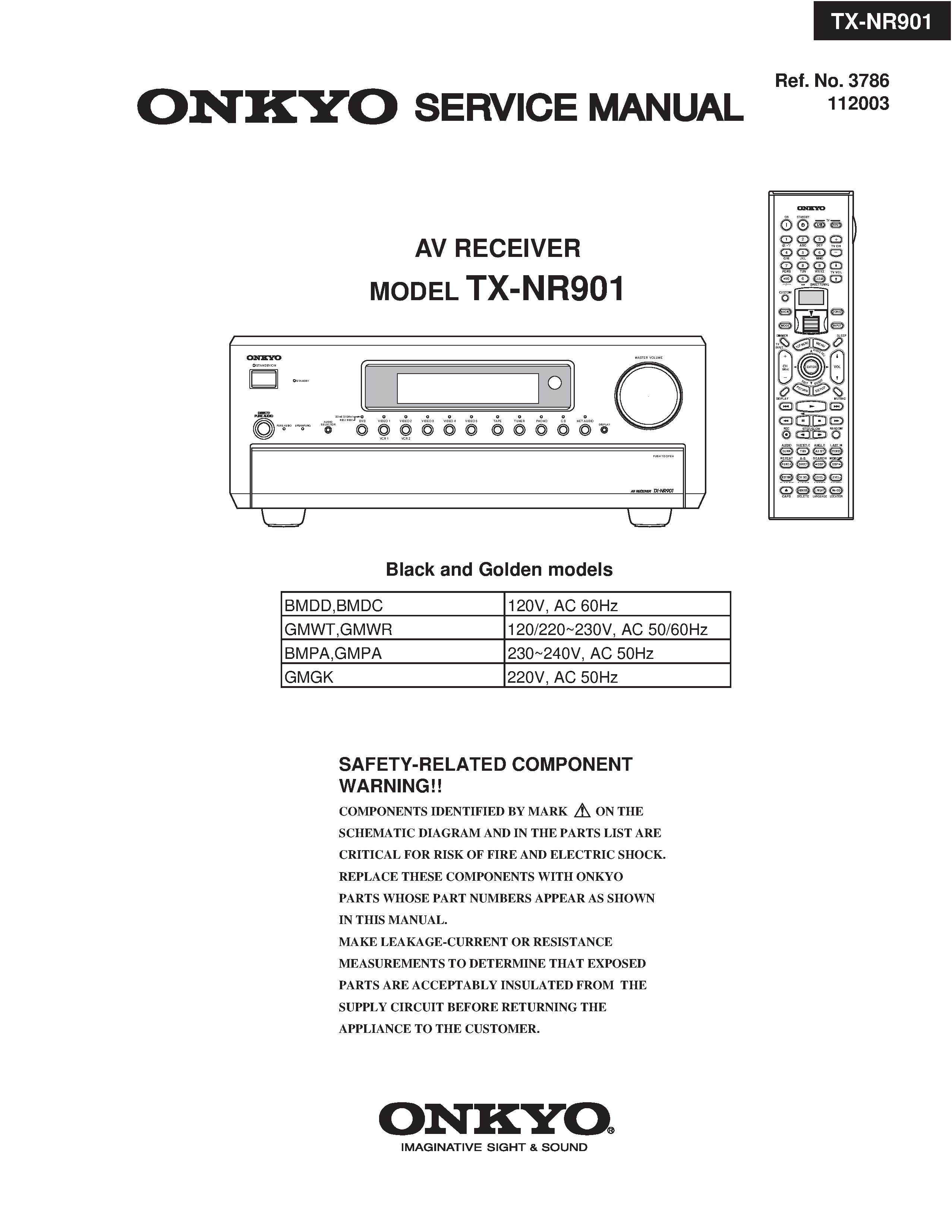 Onkyo tx nr901 service manual cover with an image of the device and its remote control, model type and code, manual issue date and service safety precaution notice