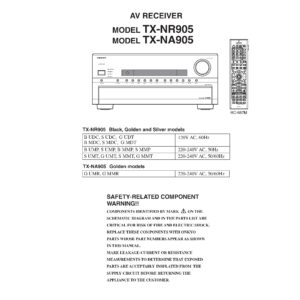 Onkyo tx nr905 service manual cover with an image of the device and its remote control, model type and code, manual issue date and service safety precaution notice